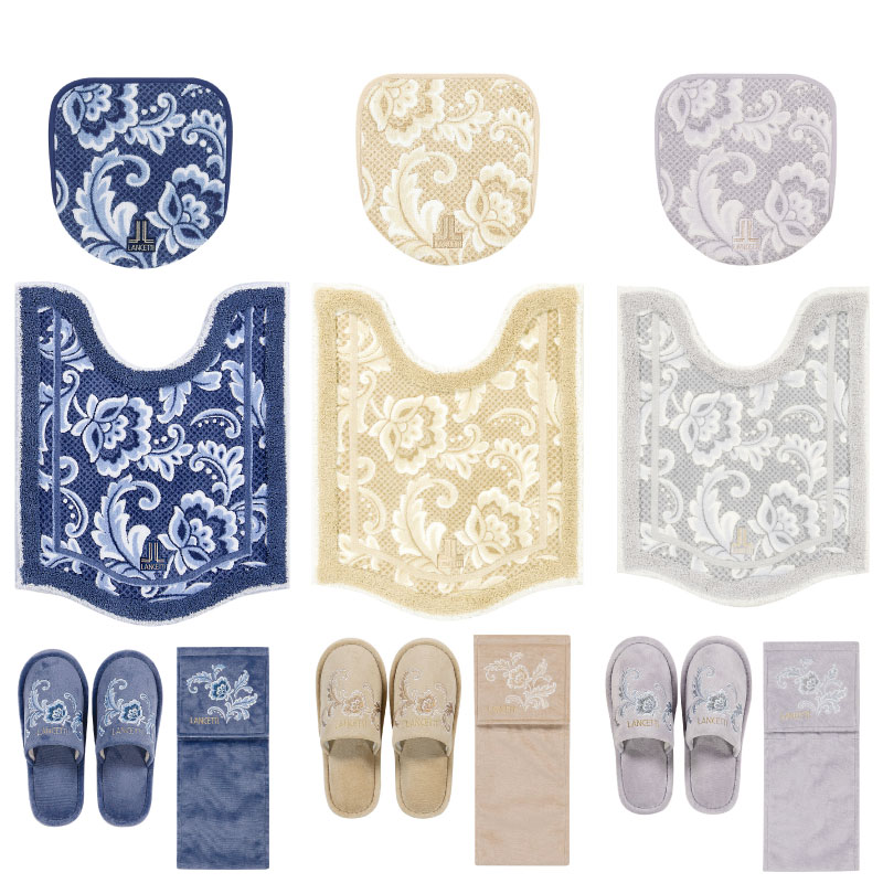 【トイレ4点セット】ロングトイレマット+兼用フタカバー+スリッパ+ペーパーホルダーカバー ブルー/ベージュ/グレー ランチェッティ ピッツォ