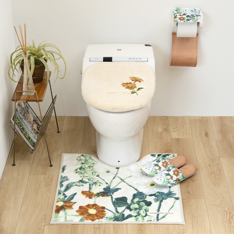 デザイナーズギルド アルテミシア トイレ4点セット トイレマット+兼用フタカバー+スリッパ+ペーパーホルダーカバー アイボリー/ピンク