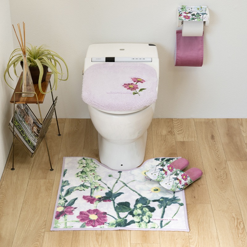 デザイナーズギルド アルテミシア トイレ4点セット トイレマット+兼用フタカバー+スリッパ+ペーパーホルダーカバー アイボリー/ピンク