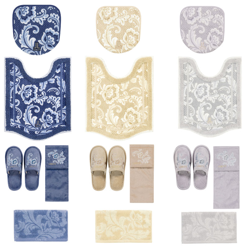 ランチェッティ ピッツォ トイレ5点セット ロングトイレマット+兼用フタカバー+スリッパ+ペーパーホルダーカバー+ハンドタオル ブルー/ベージュ/グレー
