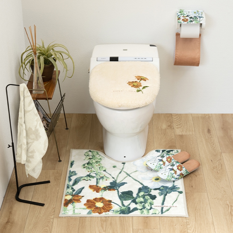 デザイナーズギルド アルテミシア トイレ5点セット トイレマット+兼用フタカバー+スリッパ+ペーパーホルダーカバー+ハンドタオル アイボリー/ピンク