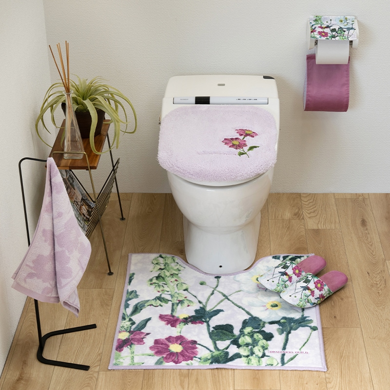 デザイナーズギルド アルテミシア トイレ5点セット トイレマット+兼用フタカバー+スリッパ+ペーパーホルダーカバー+ハンドタオル アイボリー/ピンク