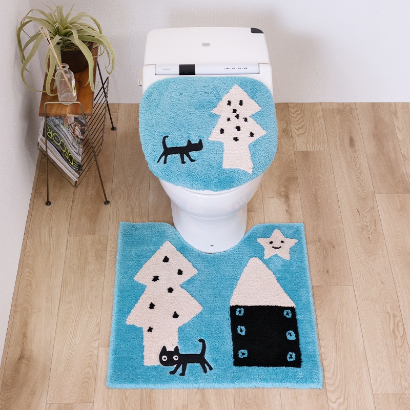 アツコマタノ 迷子のMEME BEBE トイレ2点セット トイレマット+兼用フタカバー（普通便座＆温水洗浄・暖房便座兼用） ブルー/アイボリー