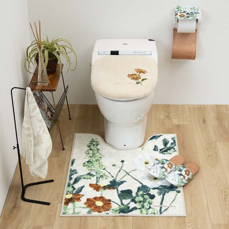 デザイナーズギルド アルテミシア トイレ5点セット ロングトイレマット+兼用フタカバー+スリッパ+ペーパーホルダーカバー+ハンドタオル アイボリー/ピンク