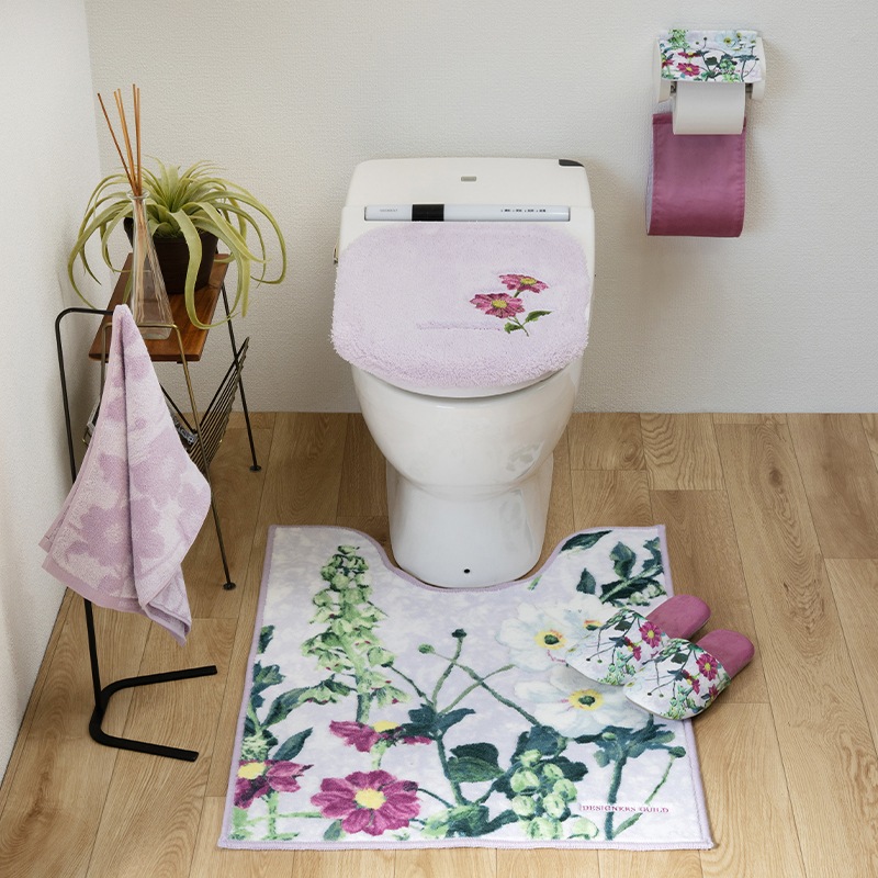 デザイナーズギルド アルテミシア トイレ5点セット ロングトイレマット+兼用フタカバー+スリッパ+ペーパーホルダーカバー+ハンドタオル アイボリー/ピンク