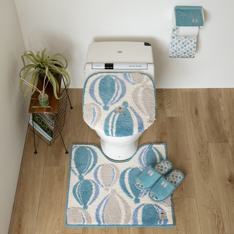 SDS Scandinavian Fika バルーン トイレ4点セット トイレマット+兼用フタカバー+スリッパ+ペーパーホルダーカバー ブルー/イエロー