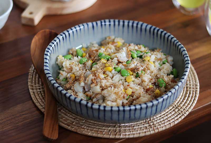 ボウルで混ぜるだけ】枝豆とホタテの梅ごはん | 梅干レシピ | 梅干し