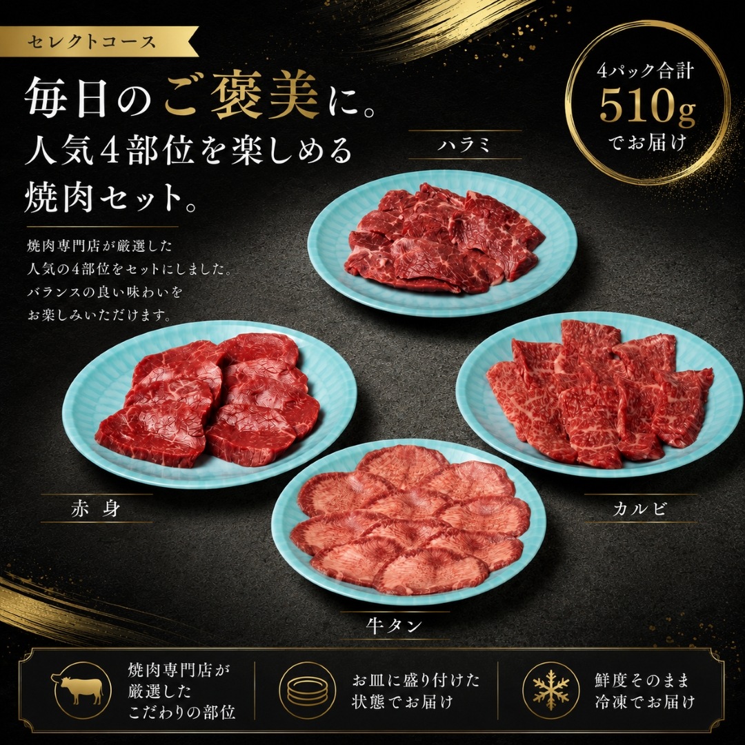 焼肉セット セレクト4種 合計約510g (牛タン・カルビ・赤身・ハラミ)