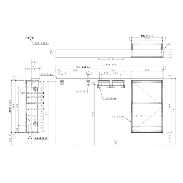 ▲TOTO【UYC08R】※フロア収納キャビネットセット  ワイドタイプ 1600mmフリーカット対応  埋込タイプ 右仕様 旧品番：UYC04RS