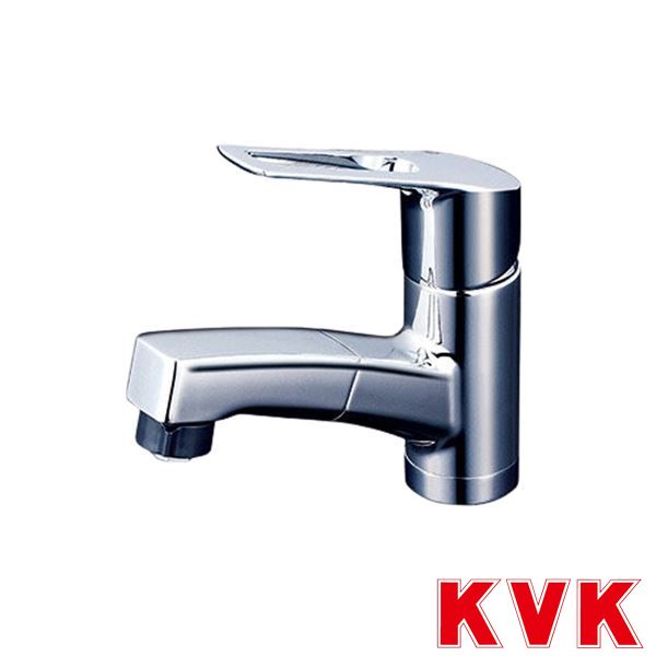 ▲KVK【KM8001UTFEC】取付穴兼用型 シングルシャワー付混合栓 eレバー 洗面用水栓