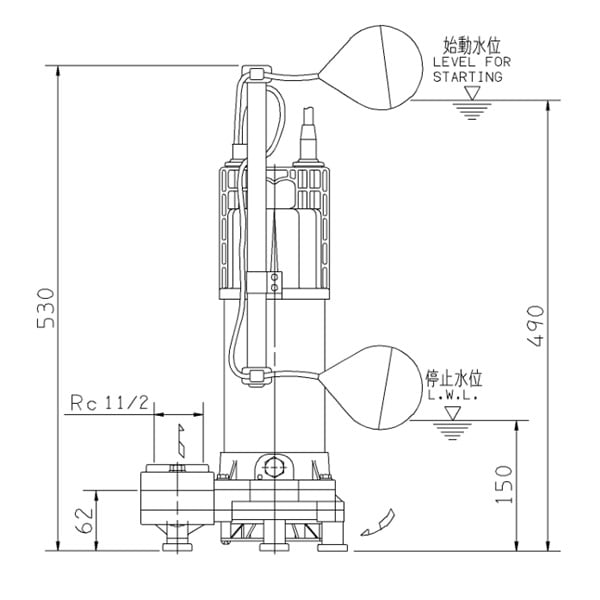 ▲荏原 【40DWSA6.25B】 雑排水ポンプ 三相 0.25kW 2極 60Hz モータ駆動 自動形