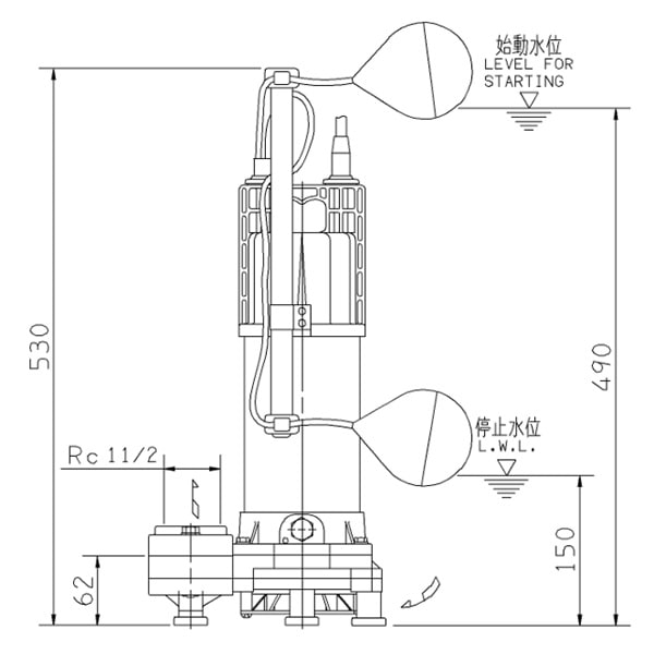 ▲荏原 【40DWSA6.25SB】 雑排水ポンプ 単相 0.25kW 2極 60Hz モータ駆動 自動形