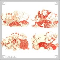 切り絵 剪紙 セットM11 工芸品 吉祥福童 20×30cm 12枚組|【サイズ】中(18-25cm)|切り絵(剪紙)