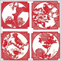 切り絵 剪紙 セットM02 工芸品 花鳥角枠 約15.5×15.5cm 8枚組|【サイズ】中(18-25cm)|切り絵(剪紙)