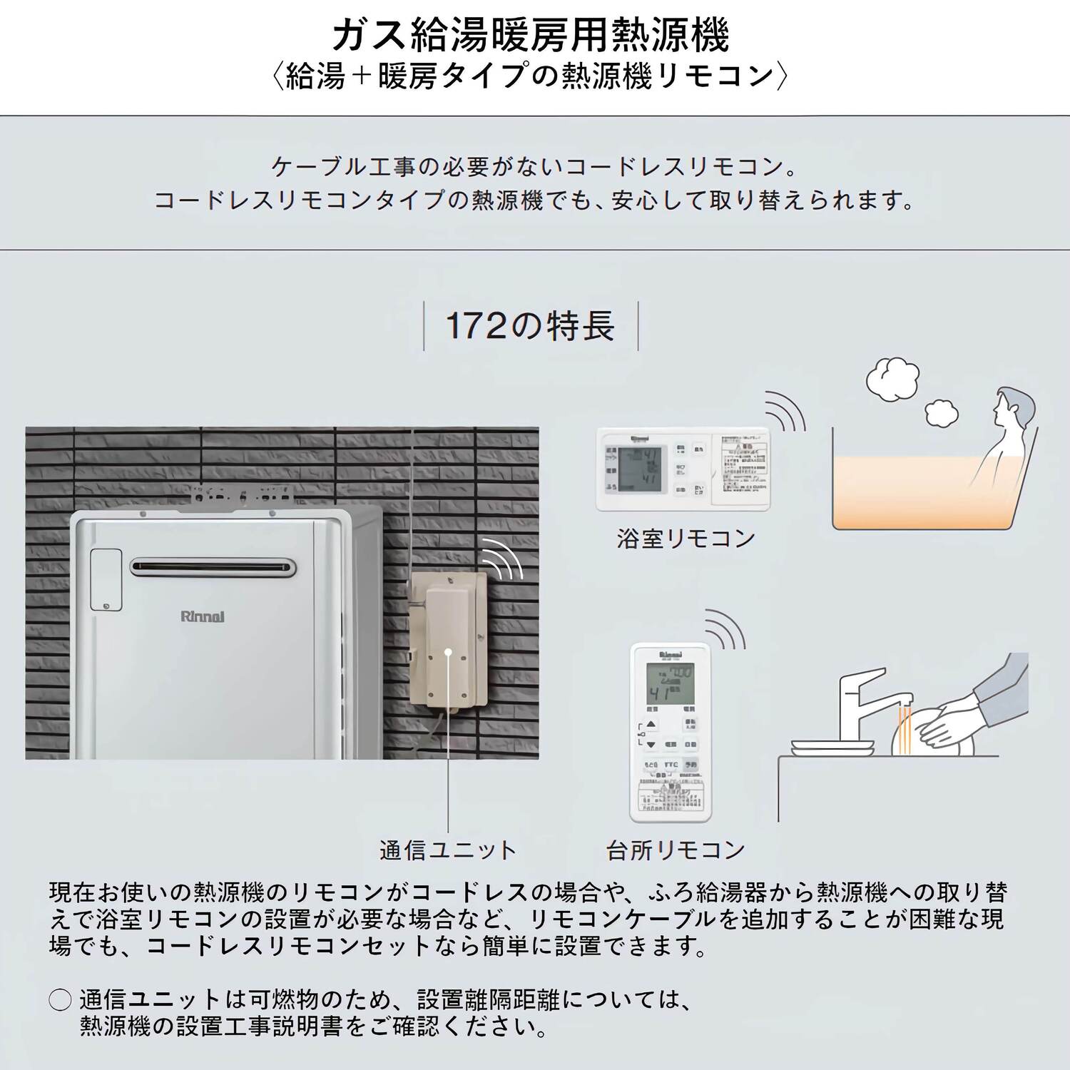 リンナイ 【MBCTW-172(A)】 コードレスリモコン 給湯暖房用熱源機用