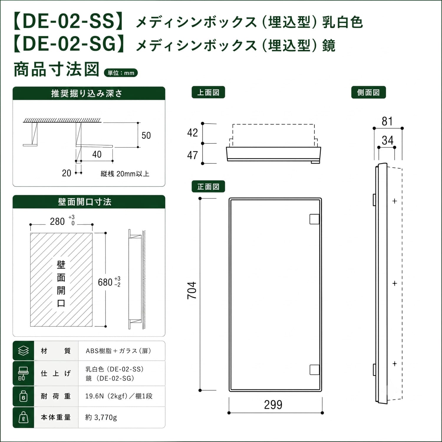 カワジュン 【DE-02-SG】 メディシンボックス(埋込型) 鏡 KAWAJUN
