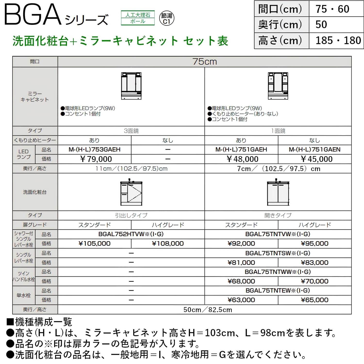 クリナップ 【BGAL75TNTVW※(I・G)+M-(H・L)751GAEN】 BGAシリーズ洗面化粧台(間口75cm)+ミラーキャビネット(1面鏡くもり止めヒーターなし) 開きタイプ シャワー付シングルレバー水栓