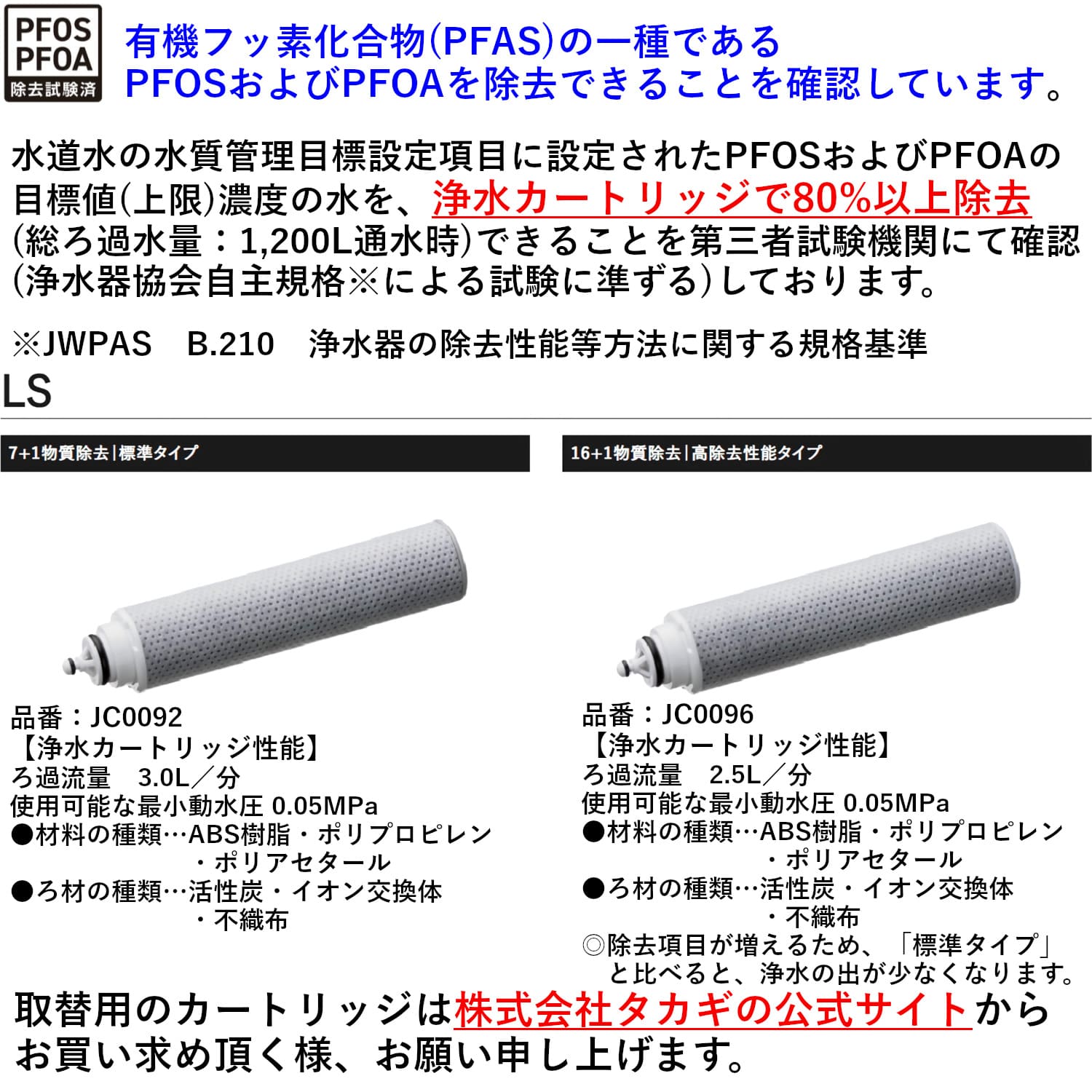 【新品未使用】タカギ LS106MN 浄水器一体型水栓 JC0096付 即使用可 タカギ 【LS106MN-NNBN】 蛇口一体型浄水器 LS シングルレバー混合栓