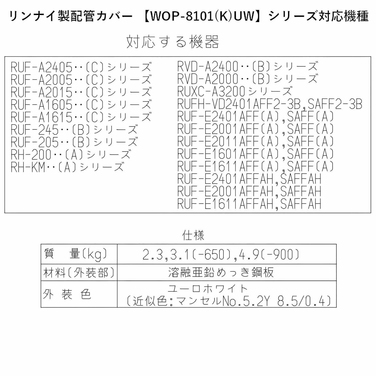 リンナイ 【WOP-8101(K)UW-900】 配管カバー Rinnai