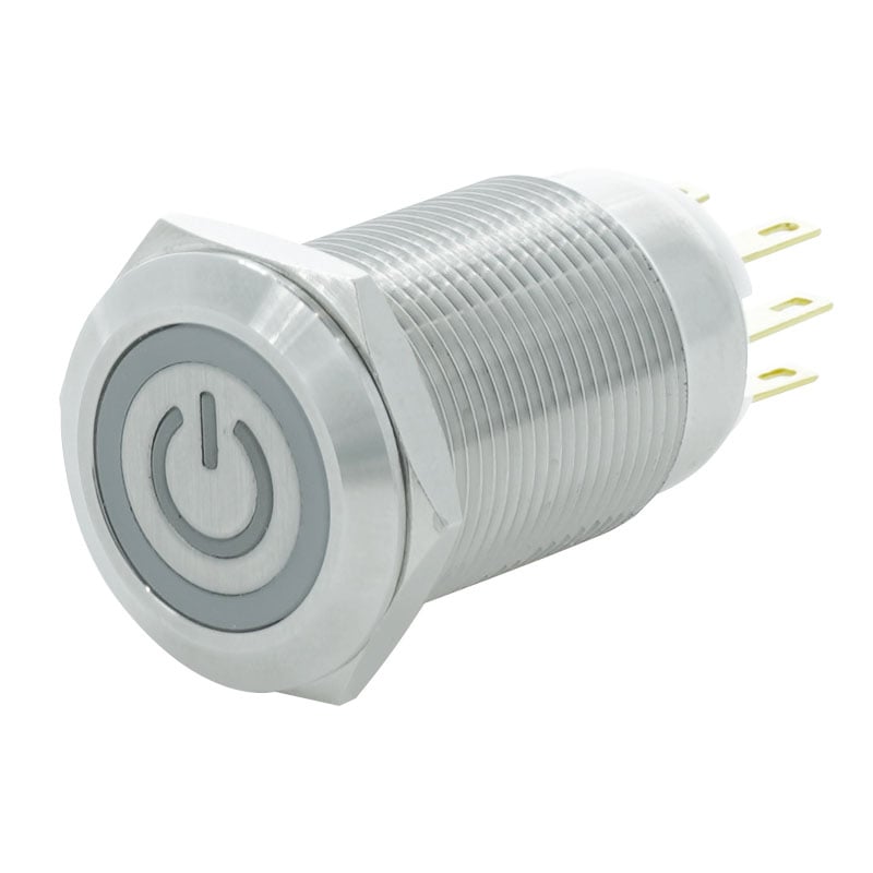 メタルスイッチ LED電源マーク入リ 19mm オルタネイトタイプ 1回路 C接点(ホワイト)