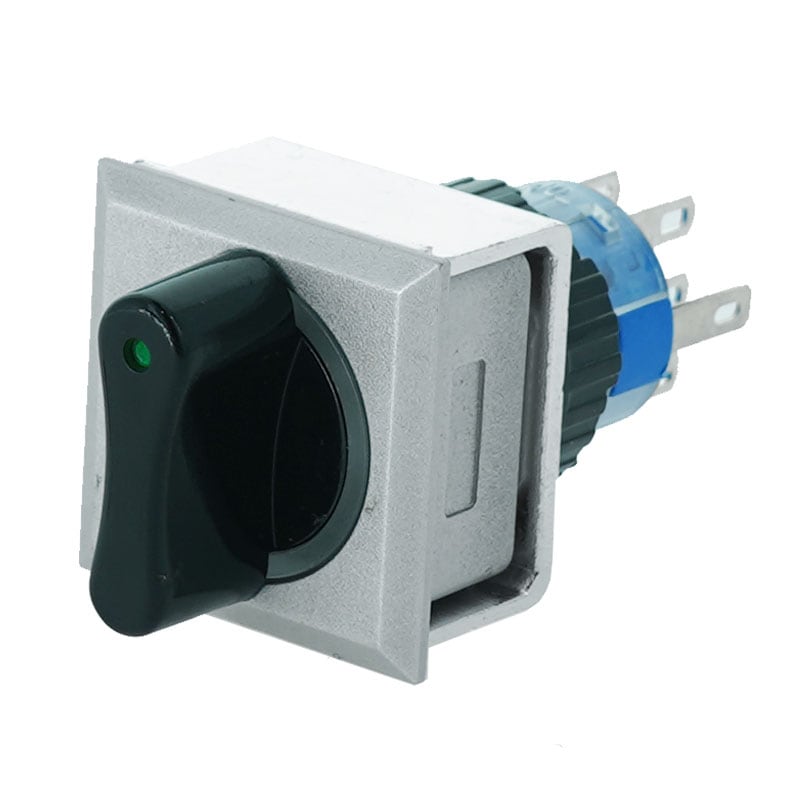 プラスチックスイッチ LED付 3ポジション 21*21mm ロックタイプ 2回路 C接点(グリーン)