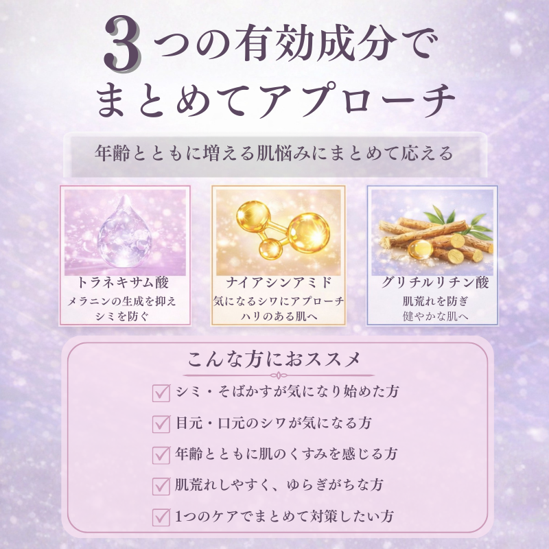 シミ・シワを隙なくケアするトリプル処方｜シミシワ改善トラネキサム酸