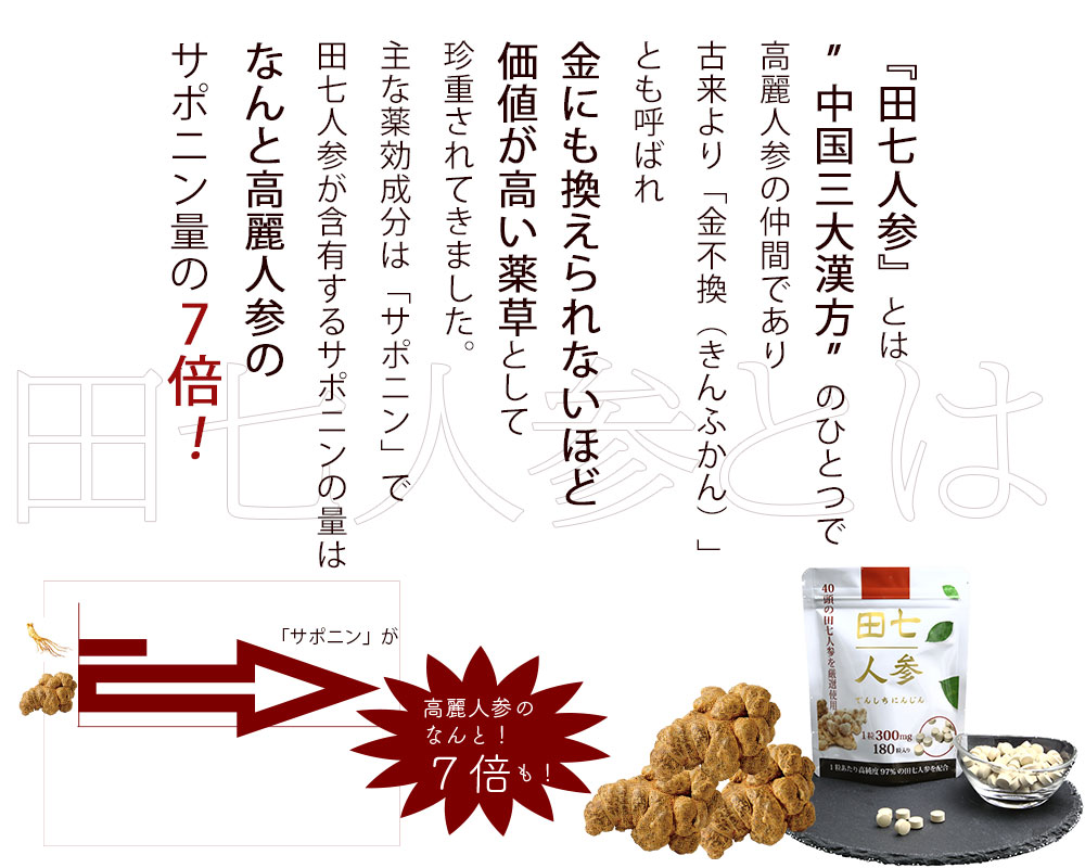 【定期購入】　田七人参（3袋3ヶ月分）　180粒入り　高純度97％配合　40頭以上の田七人参を厳選使用
