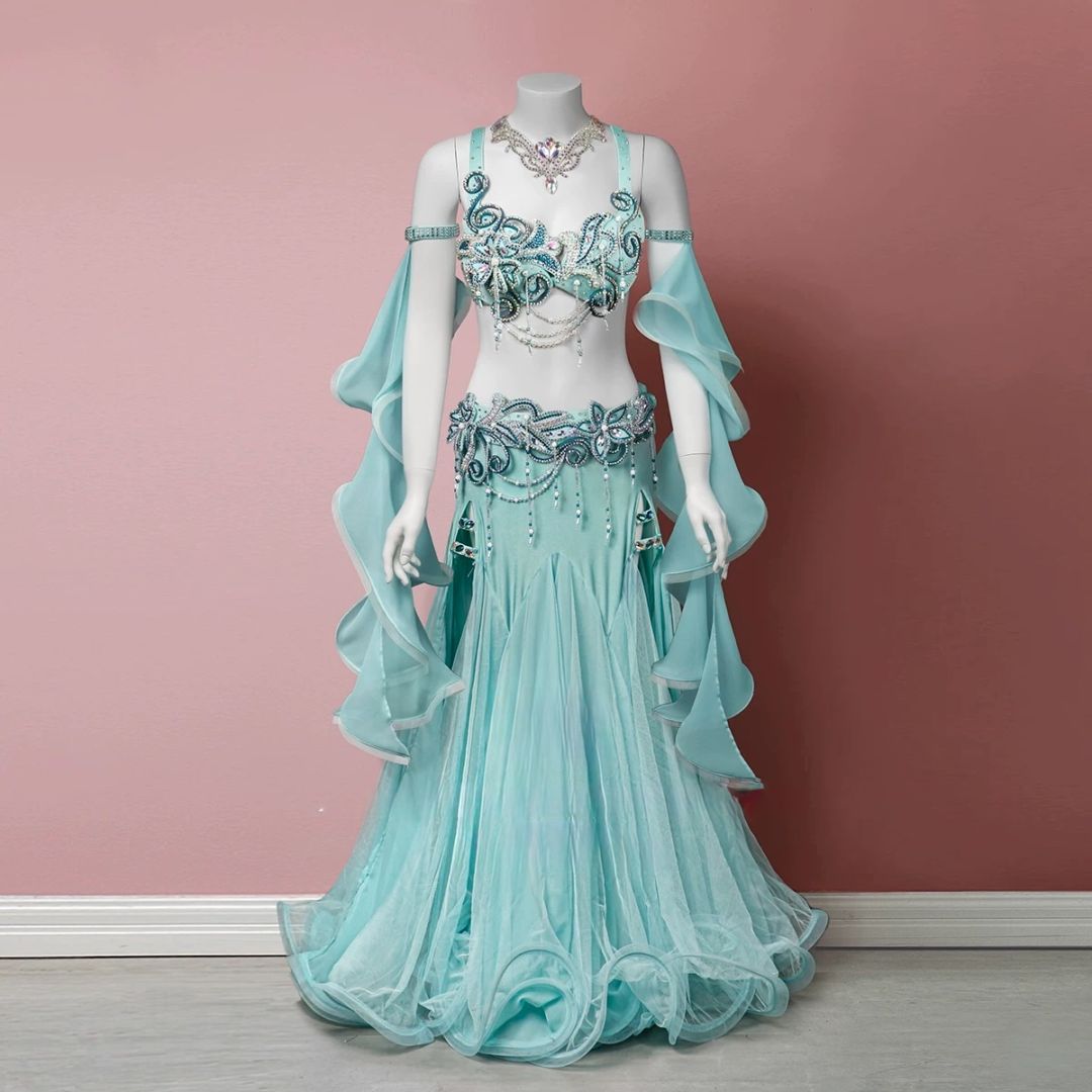 ベリーダンス オリエンタル衣装 ブラスカート フリンジ色変更可 オーダーメイド ベリーダンスオリエンタル衣装 ミラーフリンジデザインブラ＆スカート