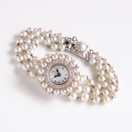 ルシアンピカール パール ダイヤモンド装飾 ラウンドケース パールブレスレット