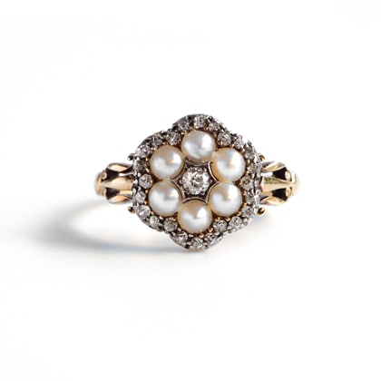リング パール ダイヤモンド クラスター アンティークリング