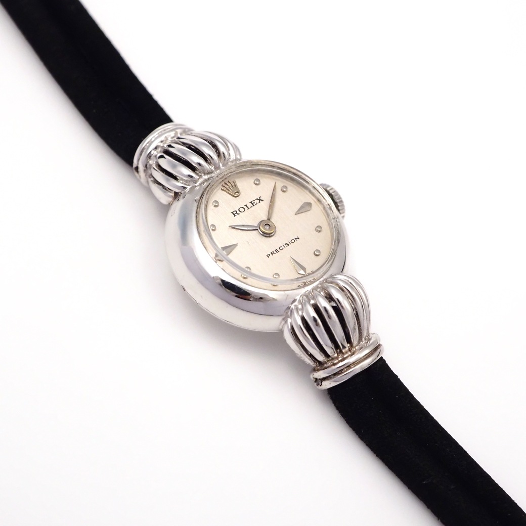 アンティークウォッチ ロレックス 王冠風ラグ ラウンド ホワイトゴールドケース コードブレスレット