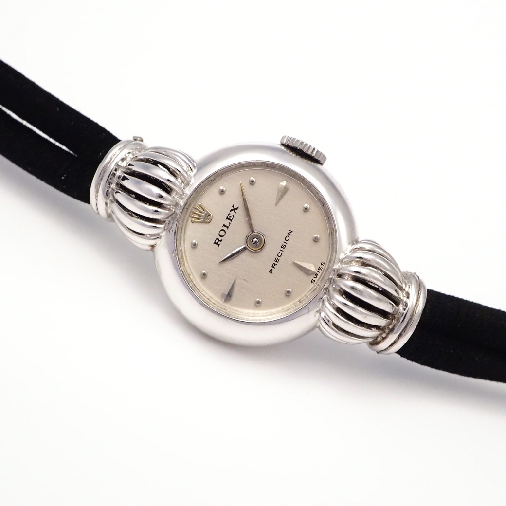 アンティークウォッチ ロレックス 王冠風ラグ ラウンド ホワイトゴールドケース コードブレスレット