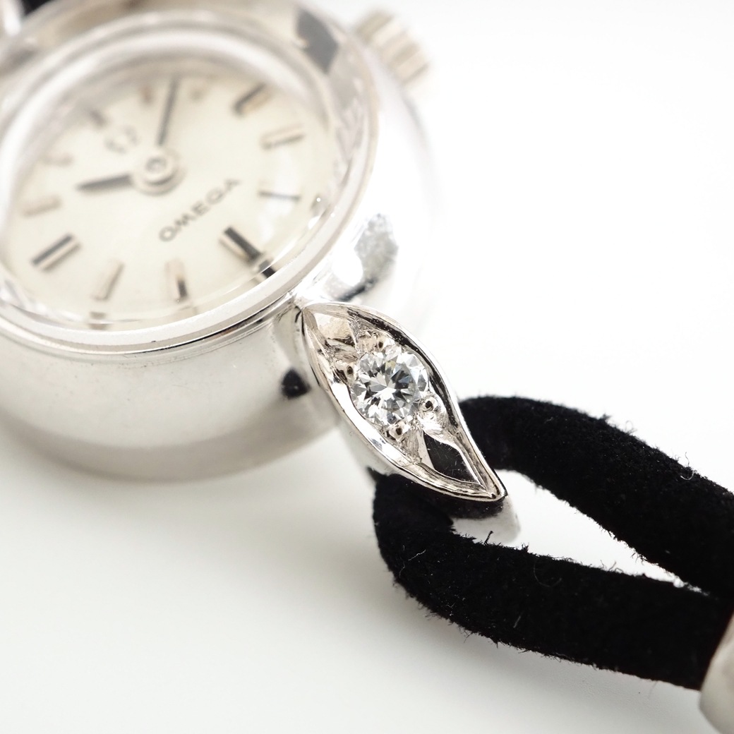 アンティークウォッチ オメガ ダイヤモンドアクセント カットガラス ラウンド ホワイトゴールドケース BOX付
