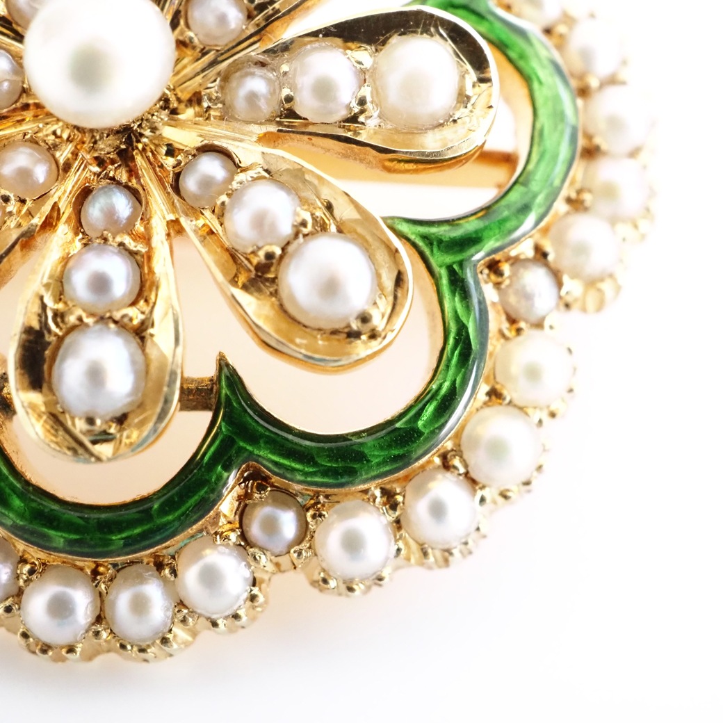 アンティークジュエリー ブローチ エナメル装飾 パール アンティークブローチ