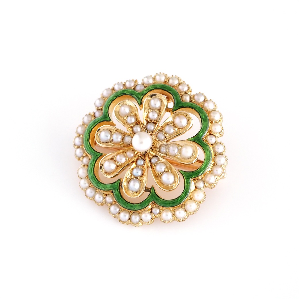 アンティークジュエリー ブローチ エナメル装飾 パール アンティークブローチ