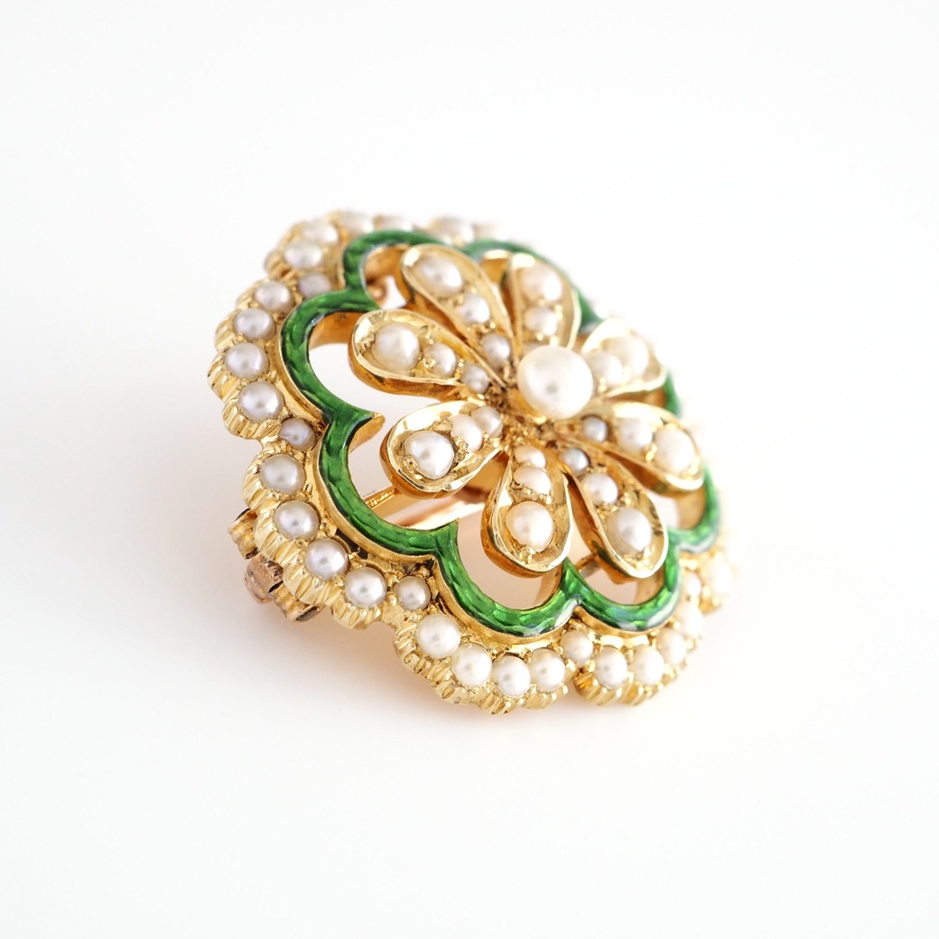 アンティークジュエリー ブローチ エナメル装飾 パール アンティークブローチ