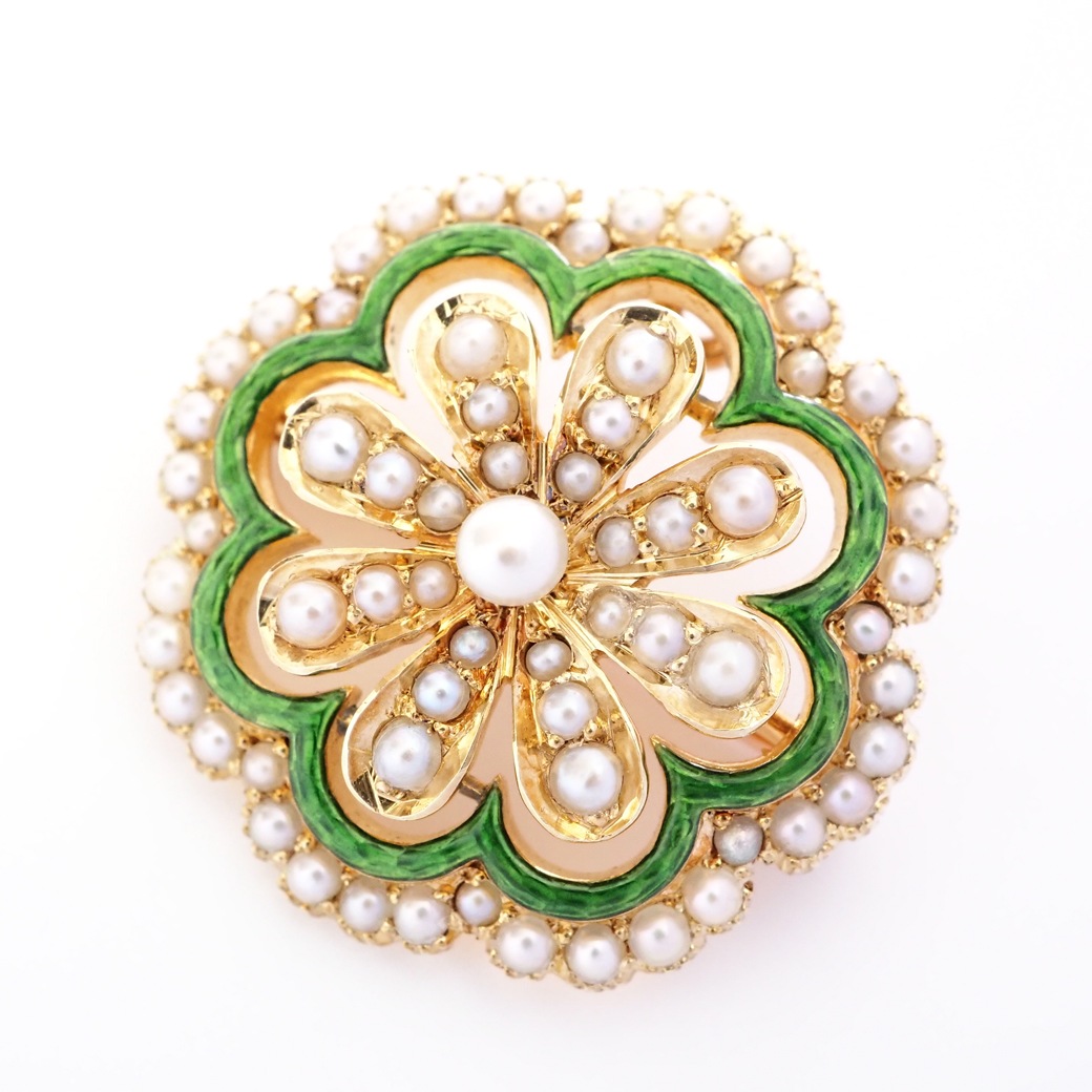 アンティークジュエリー ブローチ エナメル装飾 パール アンティークブローチ