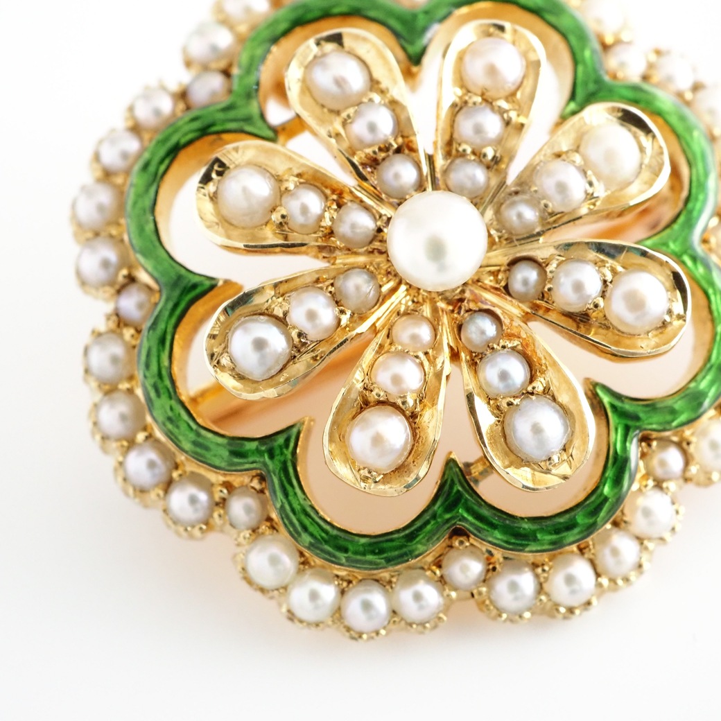 アンティークジュエリー ブローチ エナメル装飾 パール アンティークブローチ