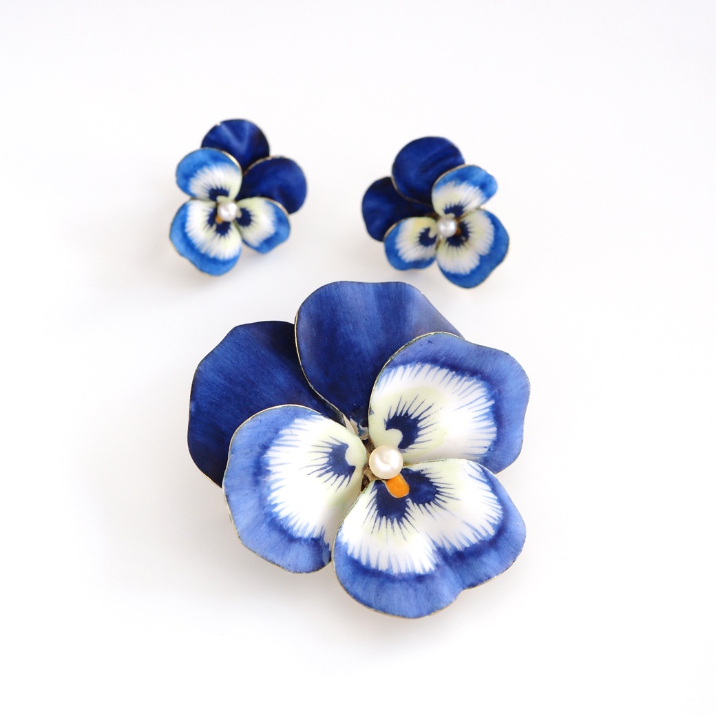 アンティークジュエリー イヤリング&ピアス パンジーモチーフ  エナメル アンティークイヤリング&ブローチ BOX付
