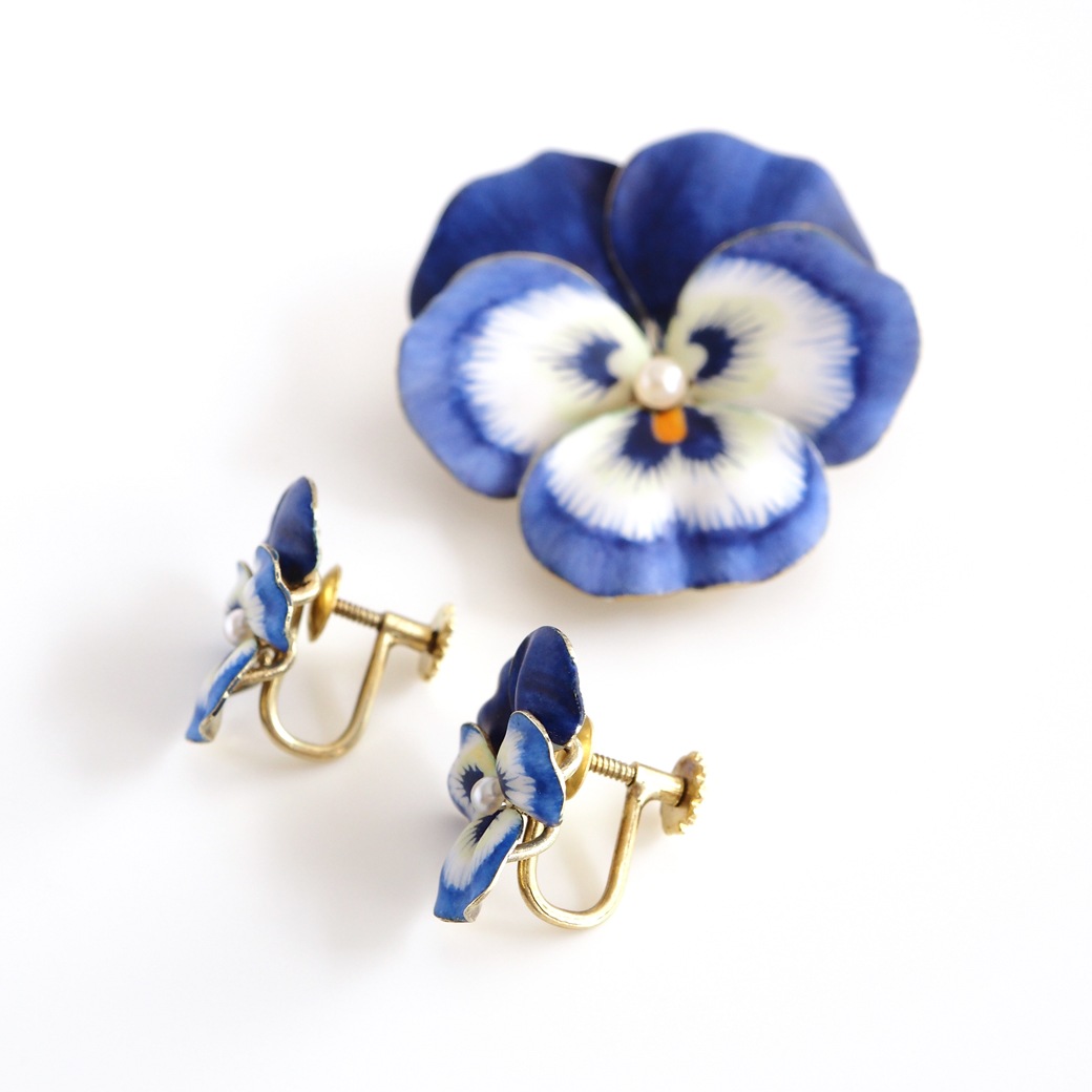 アンティークジュエリー イヤリング&ピアス パンジーモチーフ  エナメル アンティークイヤリング&ブローチ BOX付