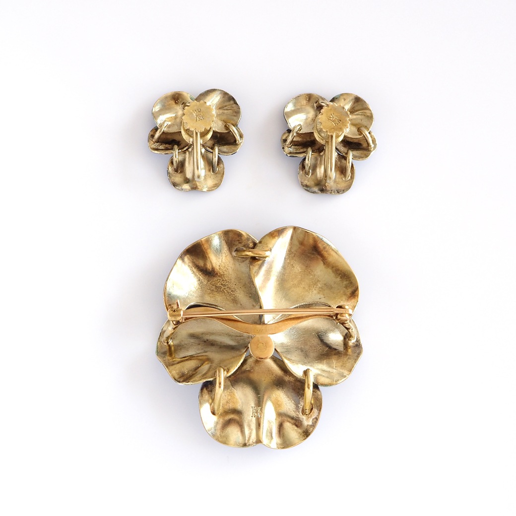 アンティークジュエリー イヤリング&ピアス パンジーモチーフ  エナメル アンティークイヤリング&ブローチ BOX付