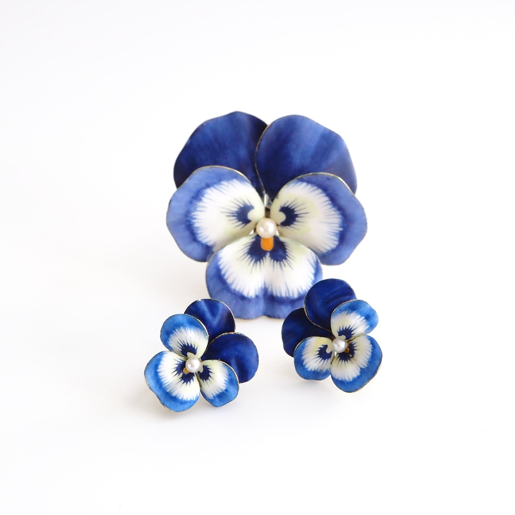 アンティークジュエリー イヤリング&ピアス パンジーモチーフ  エナメル アンティークイヤリング&ブローチ BOX付