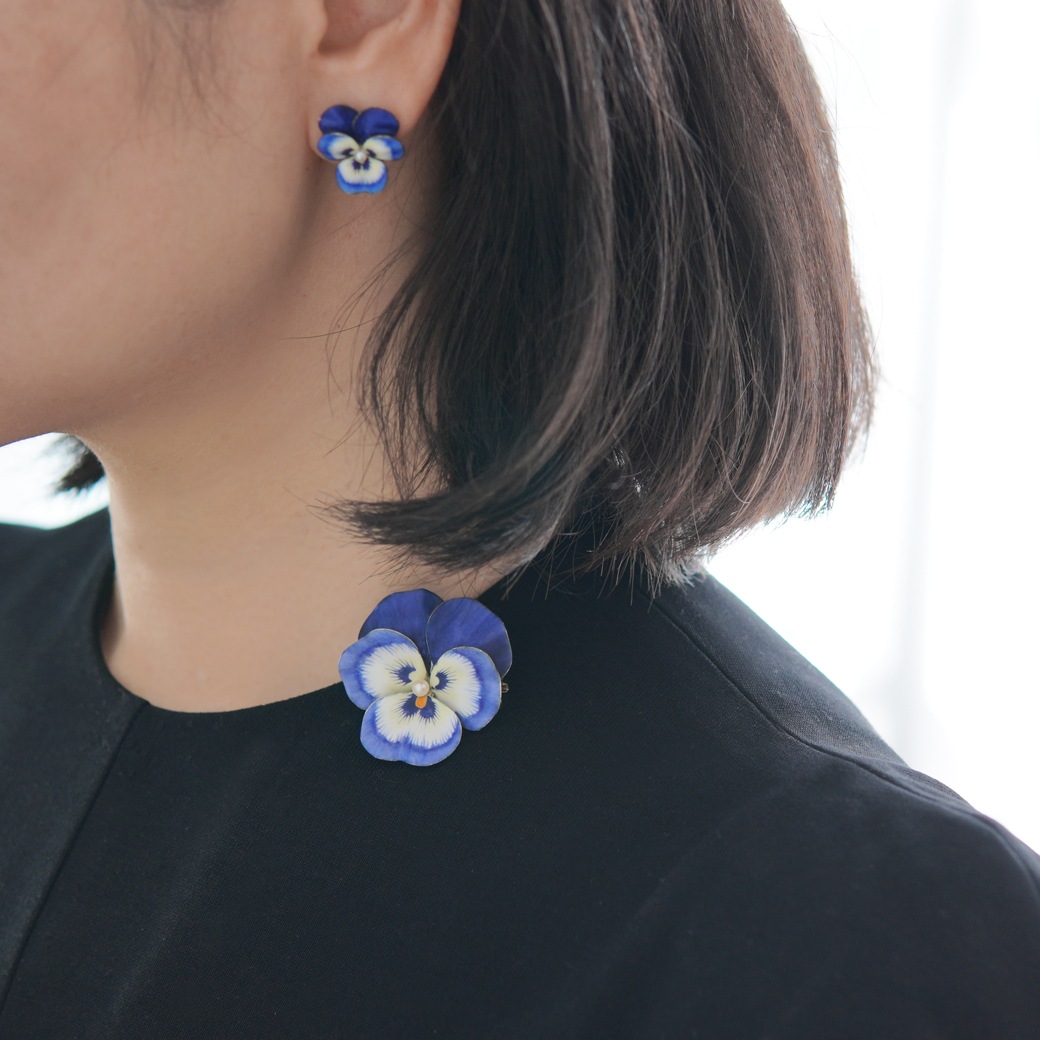 アンティークジュエリー イヤリング&ピアス パンジーモチーフ  エナメル アンティークイヤリング&ブローチ BOX付