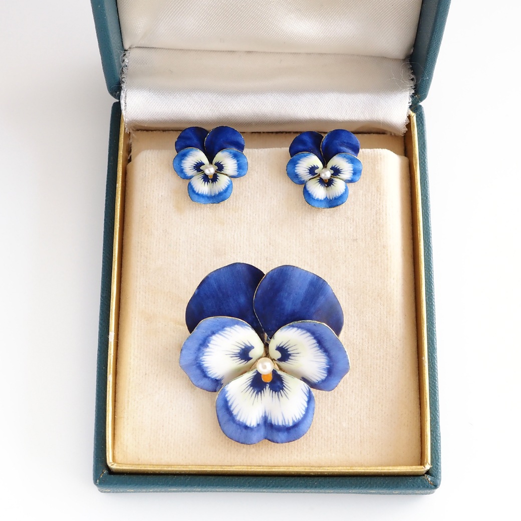 アンティークジュエリー イヤリング&ピアス パンジーモチーフ  エナメル アンティークイヤリング&ブローチ BOX付
