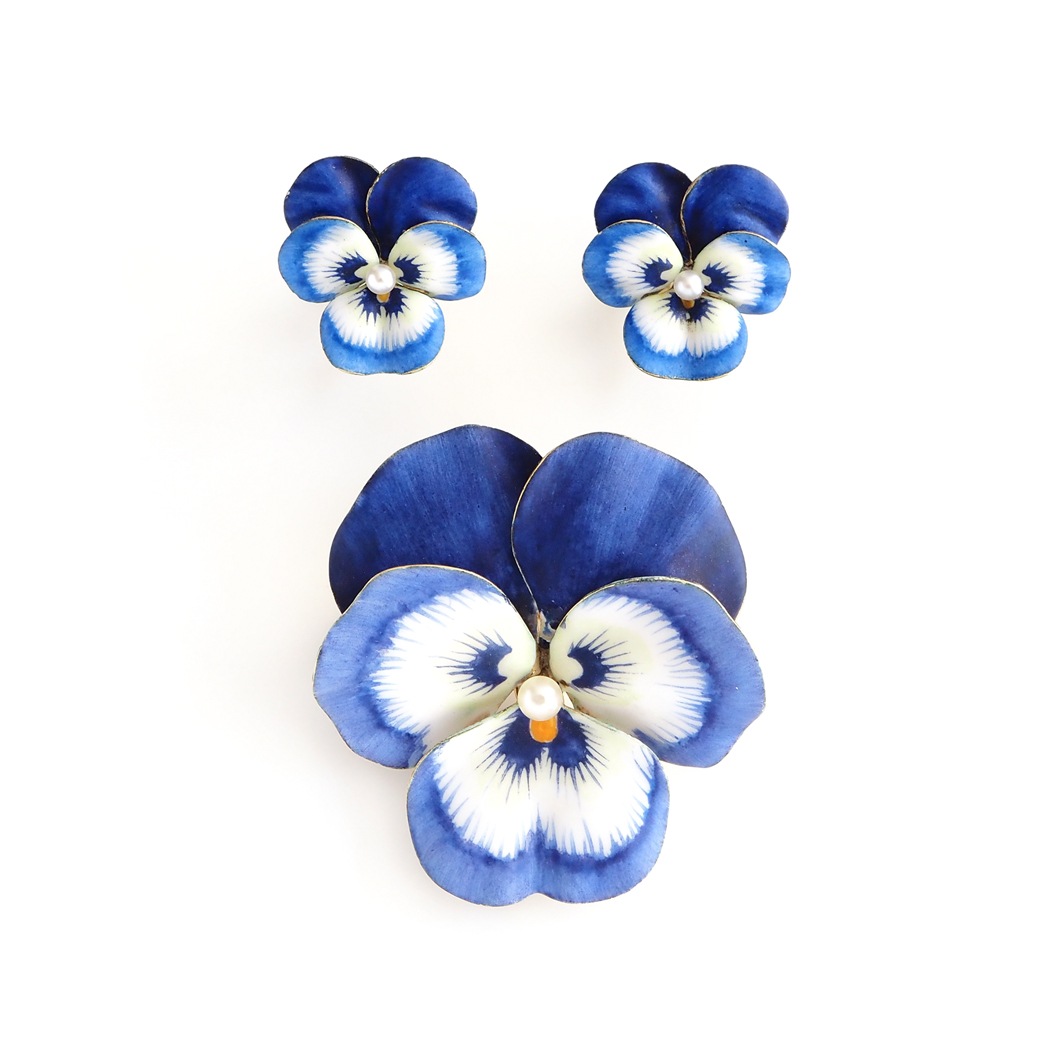 アンティークジュエリー イヤリング&ピアス パンジーモチーフ  エナメル アンティークイヤリング&ブローチ BOX付