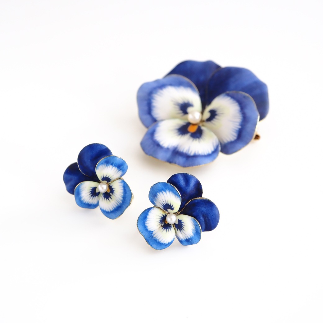 アンティークジュエリー イヤリング&ピアス パンジーモチーフ  エナメル アンティークイヤリング&ブローチ BOX付