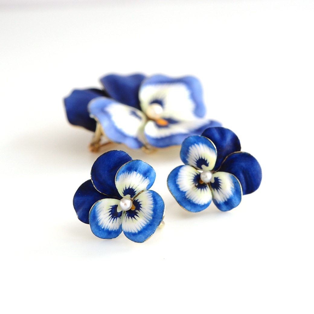 アンティークジュエリー イヤリング&ピアス パンジーモチーフ  エナメル アンティークイヤリング&ブローチ BOX付