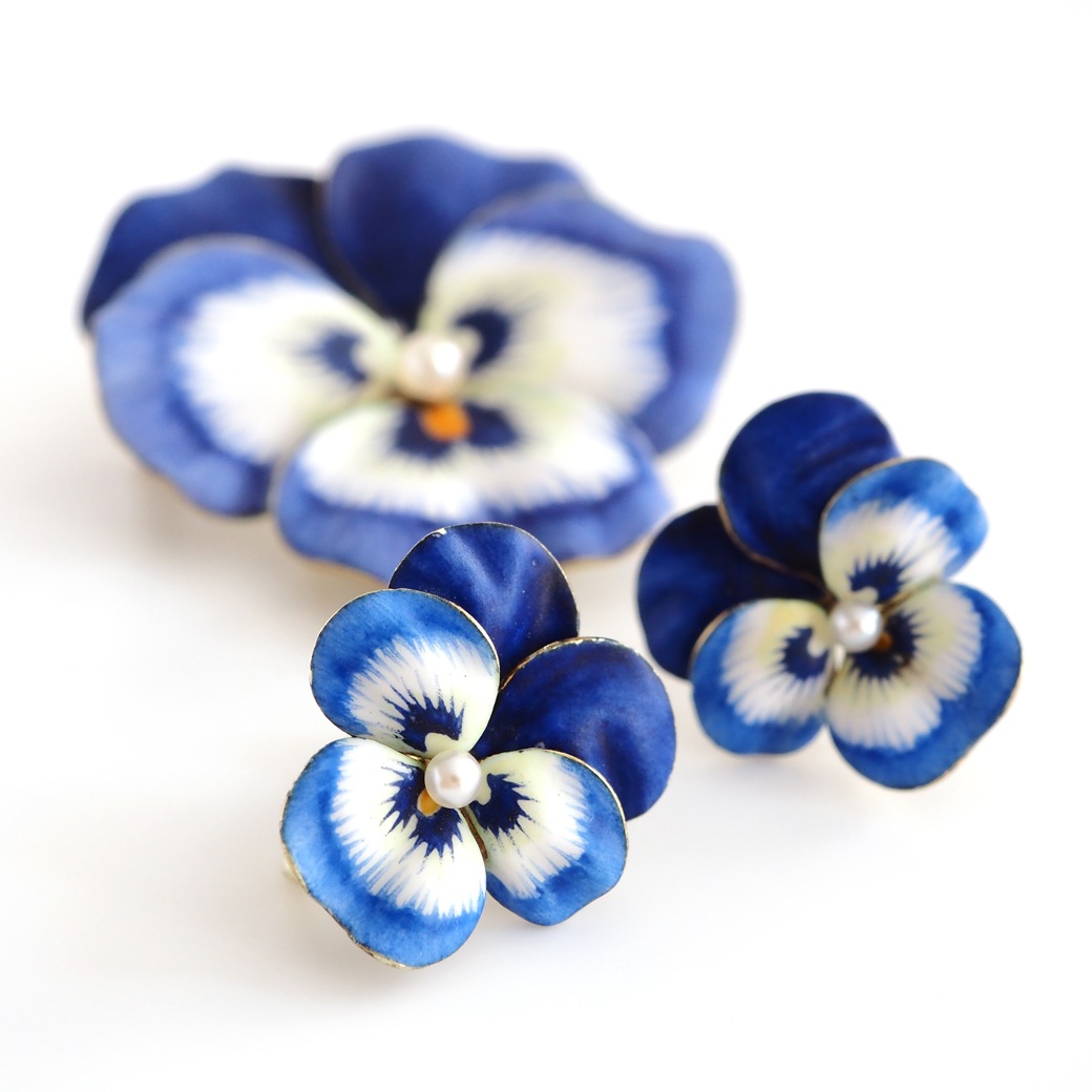 アンティークジュエリー イヤリング&ピアス パンジーモチーフ  エナメル アンティークイヤリング&ブローチ BOX付