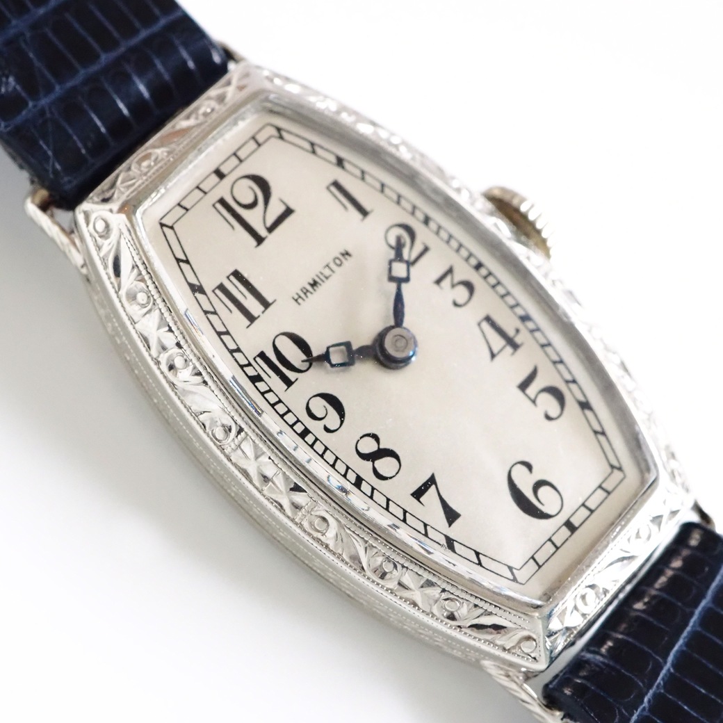 アンティークウォッチ ハミルトン アール・デコ 彫刻装飾 トノー ホワイトゴールドケース
