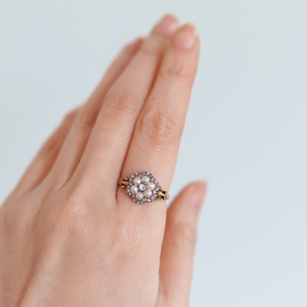 アンティークジュエリー リング パール ダイヤモンド クラスター アンティークリング